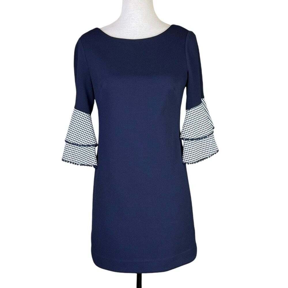 Jessica Howard Petite Navy Textured Gingham Bell Sleeve Knee Length Dress